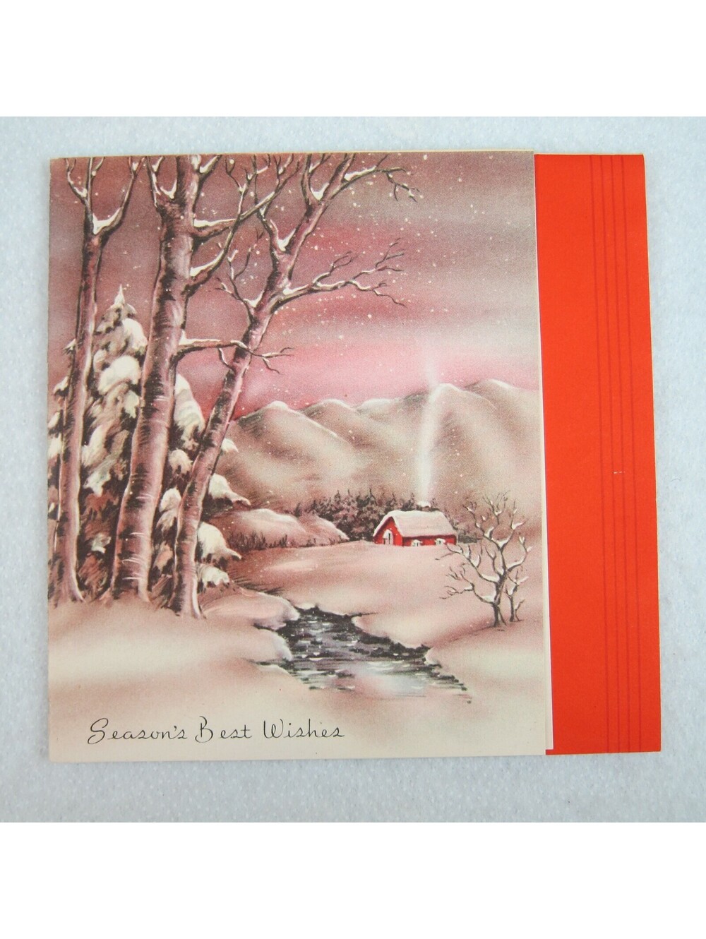 Vintage Christmas Card & Envelope Snow Cabin Stream John Greenleaf Whittier Poem